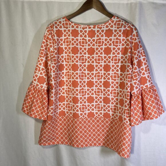 RUBY RD orange white geometric 3/4 flared sleeve woven keyhole top 12 - Picture 7 of 7